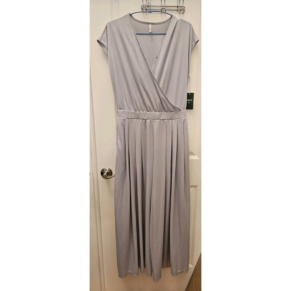 Halara Womens V Neck Crossover Pleated Jumper Dress Blue Size L Pockets NWT